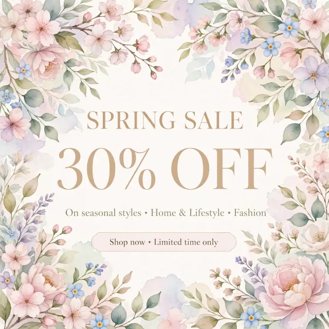 Instagram post graphic: 'SPRING SALE 30% OFF'. Floral background, pastel colors, elegant… - Meta Muse Image