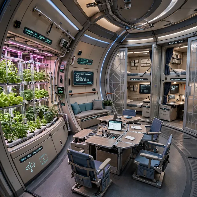 Interior of a futuristic space habitat with hydroponics gardens, communal areas, and living quarters. Show curved walls, artificial gravity considerations, and multipurpose furniture designs. - Muse Image