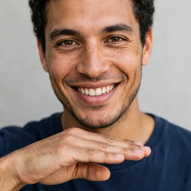 Photorealistic close-up portrait of a person clearly performing the American Sign Language gesture for "thank you," hand positioned visibly in front of the chest, clear expression on face, neutral background - Muse Image