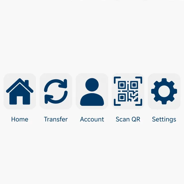 Set of 5 consistent flat design icons for a mobile banking app: 'Home', 'Transfer', 'Account', 'Scan QR', 'Settings'. Monochrome dark blue. - Muse Image