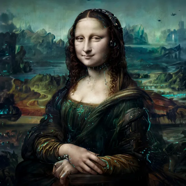 The Mona Lisa reimagined as a futuristic android, rendered in a digital art style that preserves Da Vinci's composition while incorporating sleek cyberpunk aesthetics and technological elements. - Muse Image