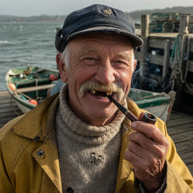 A 4K photo of an old fisherman with a weathered face and a pipe, grinning - XAI Grok Imagine (Quality)