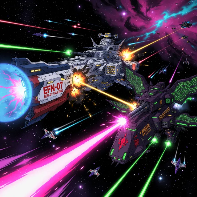 A 90s anime-style space battle scene with giant starships and laser beams - XAI Grok Imagine (Quality)
