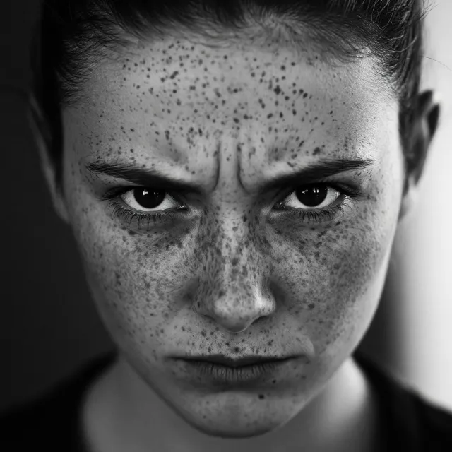 A black and white close-up portrait of a freckled woman with an intense gaze - XAI Grok Imagine (Quality)