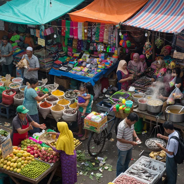 A bustling market scene with dozens of people buying and selling goods - XAI Grok Imagine (Quality)