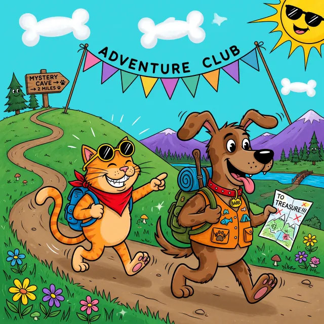 A cartoon of a cat and a dog on an adventure, drawn in a colorful 2D style - XAI Grok Imagine (Quality)