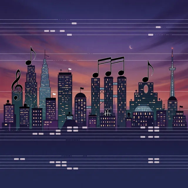 A city skyline that forms the shape of musical notes on a staff, created in a stylized… - XAI Grok Imagine (Quality)