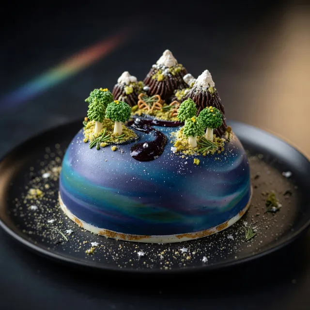 A dessert cake that looks like a tiny planet, complete with miniature trees and… - XAI Grok Imagine (Quality)