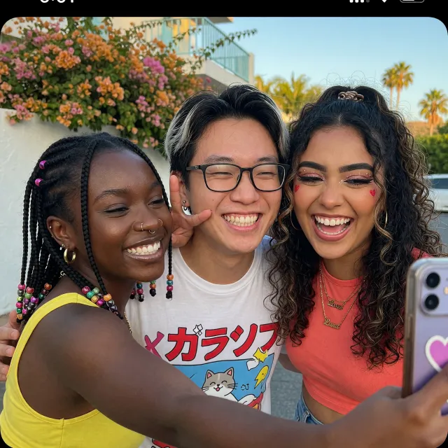 A group selfie of three friends of different ethnic backgrounds smiling at the camera - XAI Grok Imagine (Quality)