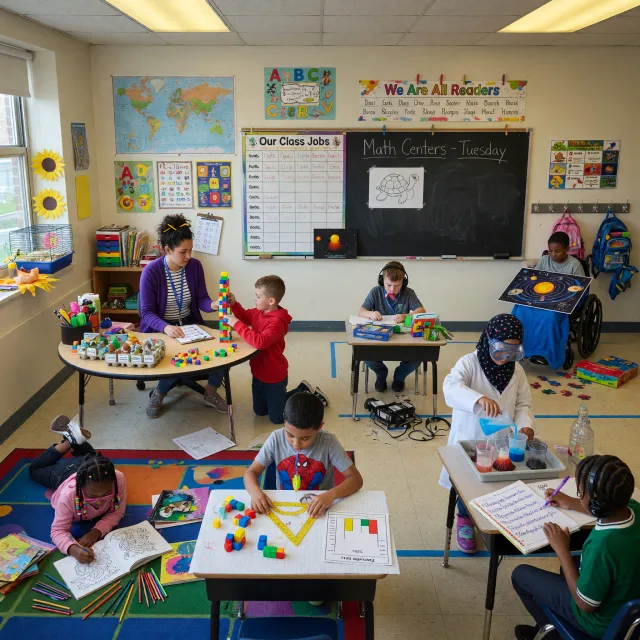 A school classroom of children and a teacher, each student engaged in a different… - XAI Grok Imagine (Quality)