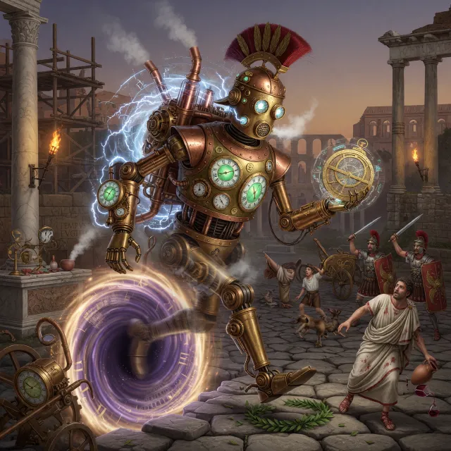 A steampunk robot time-traveling in ancient Rome, depicted in a detailed cinematic style that blends historical accuracy with copper and brass retrofuturistic aesthetics. - Grok Imagine (Quality)