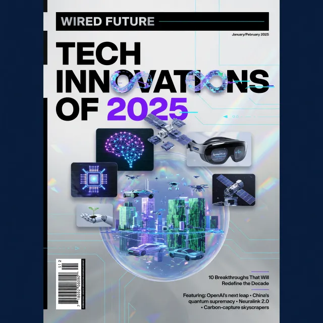 A technology magazine cover featuring the headline "Tech Innovations of 2025," clean… - XAI Grok Imagine (Quality)