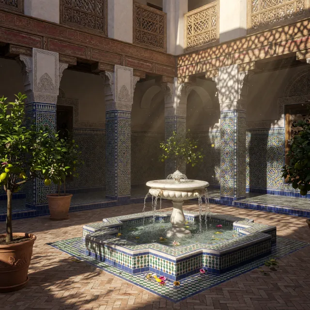 A traditional Moroccan riad courtyard with detailed zellige tilework, flowing fountain… - XAI Grok Imagine (Quality)