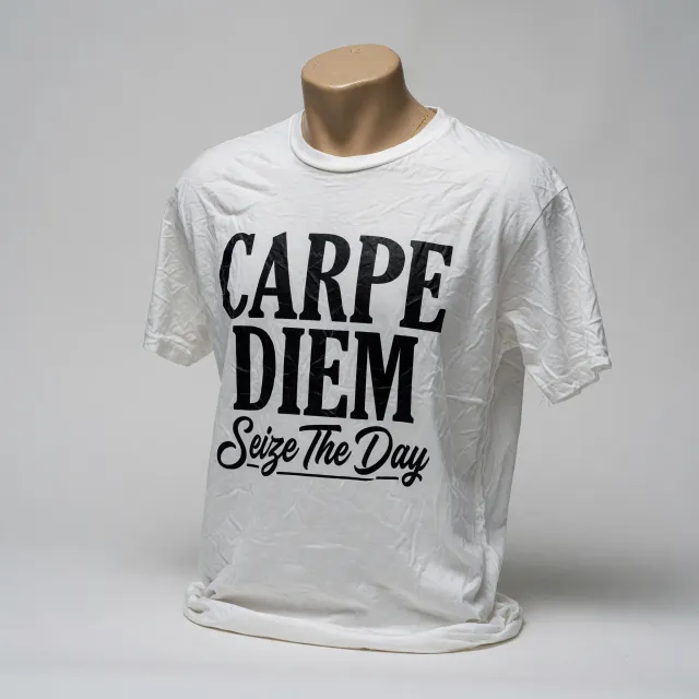 A wrinkled white T-shirt with "Carpe Diem" in bold serif font and "Seize The Day" in… - XAI Grok Imagine (Quality)