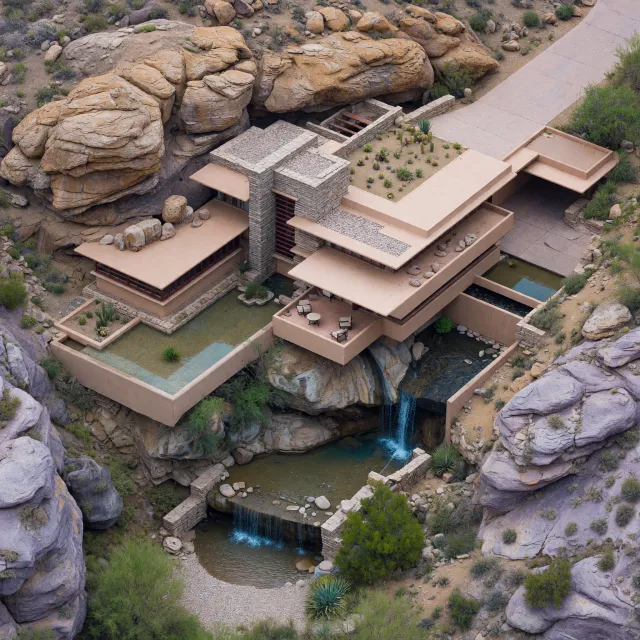 Aerial view of a modernist desert home, in the style of Frank Lloyd Wright's Fallingwater… - XAI Grok Imagine (Quality)