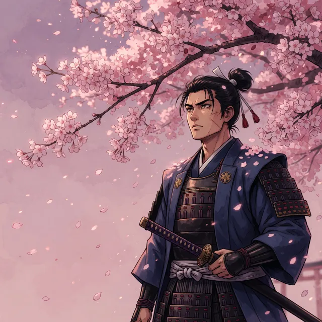 An anime-style portrait of a samurai standing under pink cherry blossoms - XAI Grok Imagine (Quality)