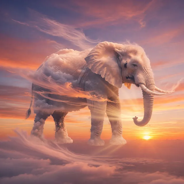 An elephant made of clouds floating in a sunset sky, rendered in a surrealist… - XAI Grok Imagine (Quality)