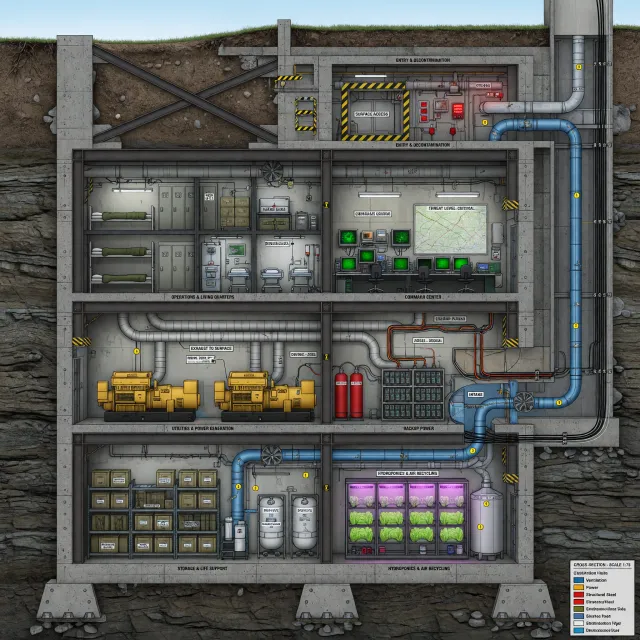 Cross-section rendering of a multi-level underground bunker with different functional… - XAI Grok Imagine (Quality)