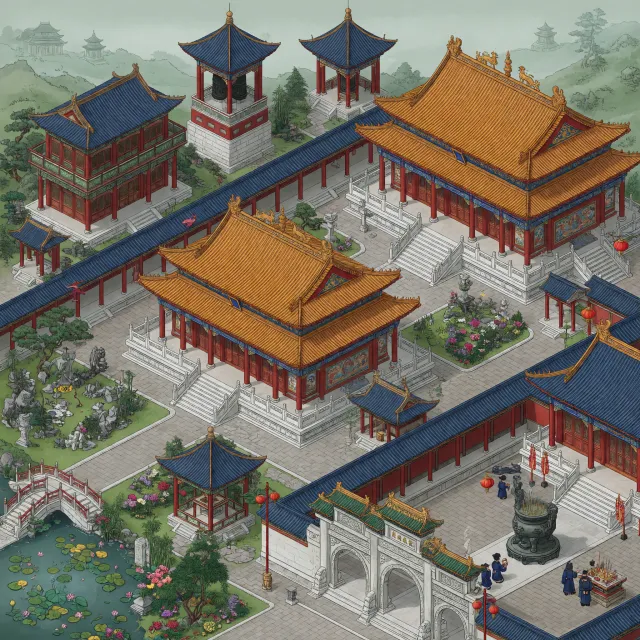Isometric architectural illustration of an ancient Chinese temple complex showing… - XAI Grok Imagine (Quality)