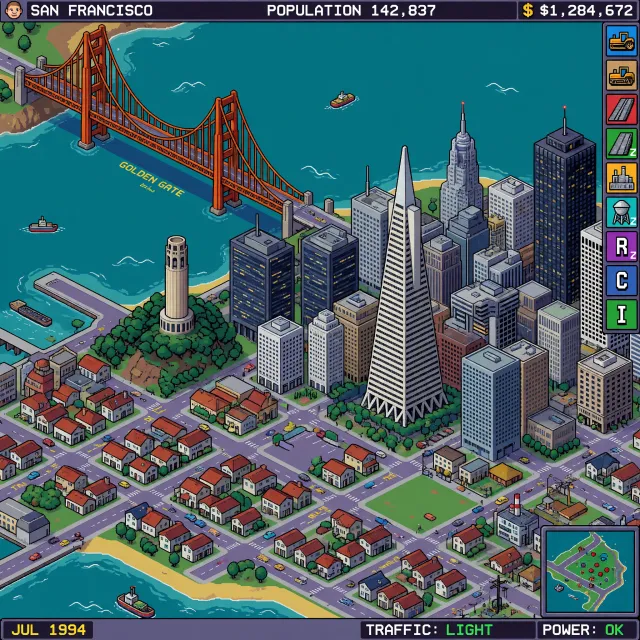 Pixel art cityscape of San Francisco in the iconic SimCity 2000 style, isometric view… - XAI Grok Imagine (Quality)