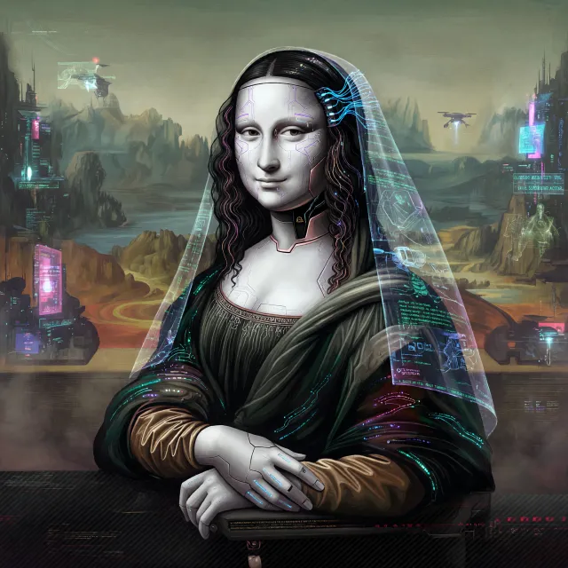 The Mona Lisa reimagined as a futuristic android, rendered in a digital art style that… - XAI Grok Imagine (Quality)