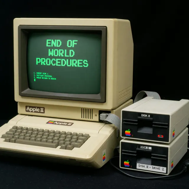 Vintage Apple II computer with green monochrome CRT screen, displaying 'END OF WORLD… - XAI Grok Imagine (Quality)