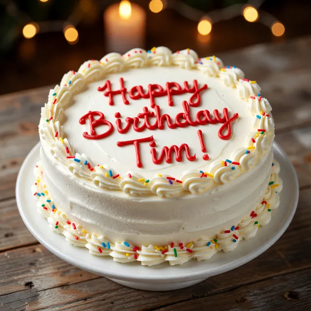 A birthday cake with icing that spells "Happy Birthday Tim!" on top, food photography… - XAI Grok Imagine