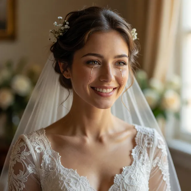 A bride on her wedding day, smiling with tears of joy in her eyes. - Grok Imagine
