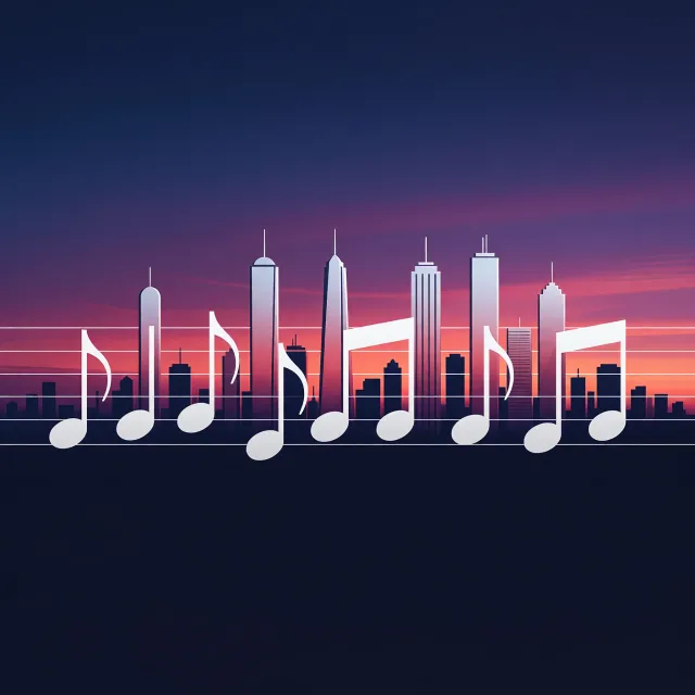 A city skyline that forms the shape of musical notes on a staff, created in a stylized graphic design aesthetic with clean architectural lines and dramatic twilight colors. - Grok Imagine
