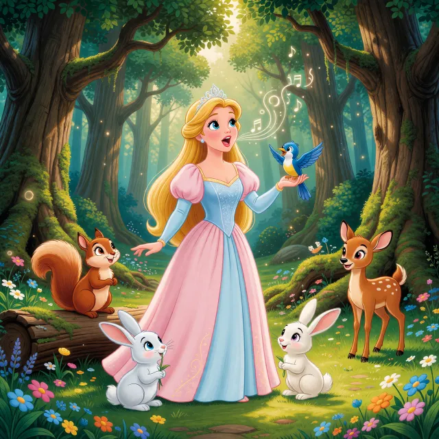 A classic Disney-like 2D cartoon princess singing with animals in a forest - XAI Grok Imagine