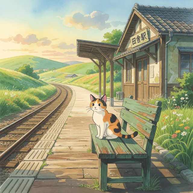 A countryside train station with a cat waiting on a bench. Rendered in Studio Ghibli animation style with Miyazaki's watercolor backgrounds and hand-drawn quality. - Grok Imagine