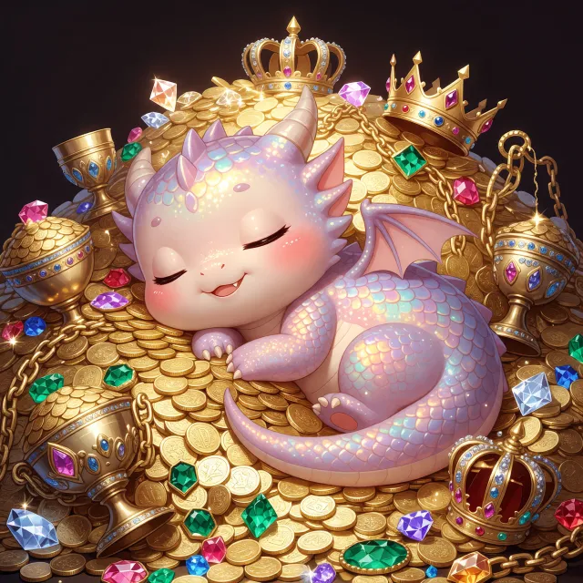 A cute chibi-style dragon sleeping on a pile of gold - XAI Grok Imagine
