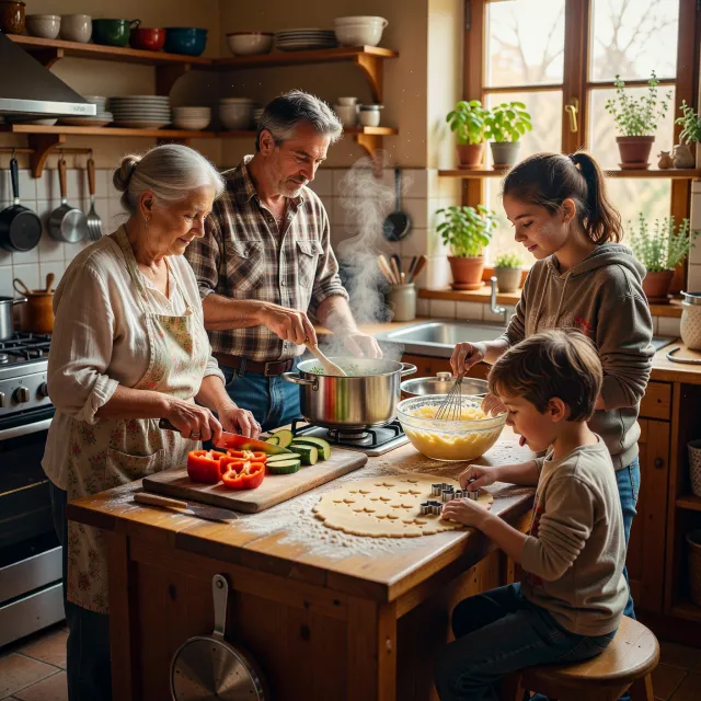 A family cooking together in a kitchen, each person busy with a different task. - Grok Imagine