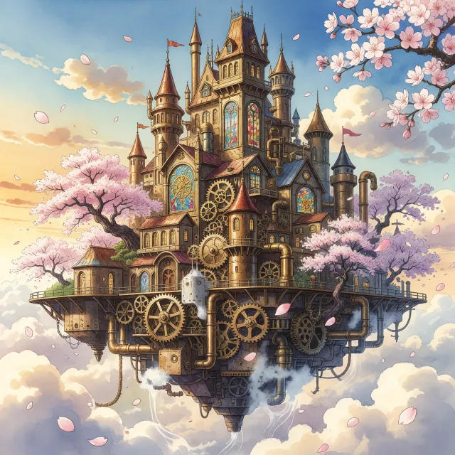 A floating steampunk castle in the sky with intricate mechanical gears and cherry blossom… - XAI Grok Imagine