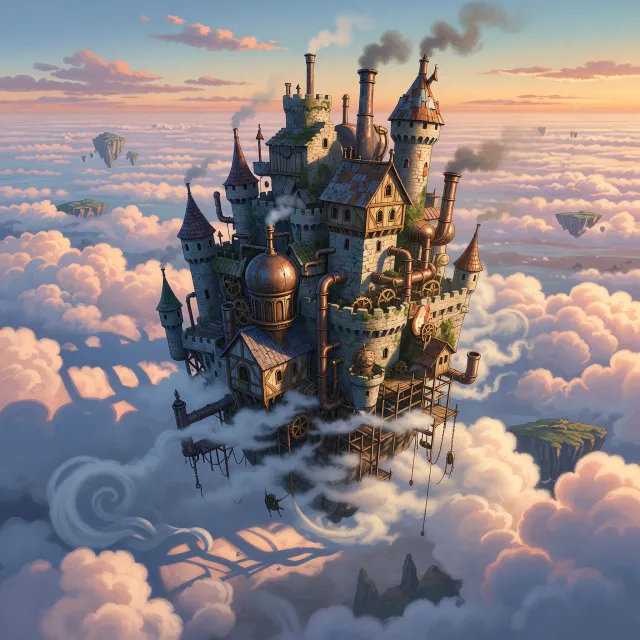 A flying castle floating in clouds at sunrise. Match the visual aesthetic of 'Howl's Moving Castle' by Studio Ghibli, with Miyazaki's blend of steampunk elements and fantasy. - Grok Imagine