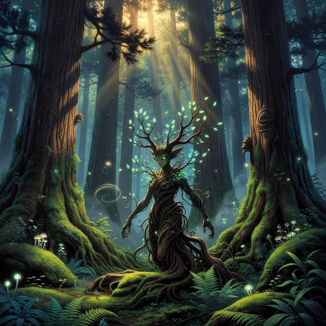 A forest spirit standing among tall trees. Replicate the artistic style of 'Princess Mononoke' by Studio Ghibli, with Miyazaki's detailed environments and mystical creature design. - Grok Imagine