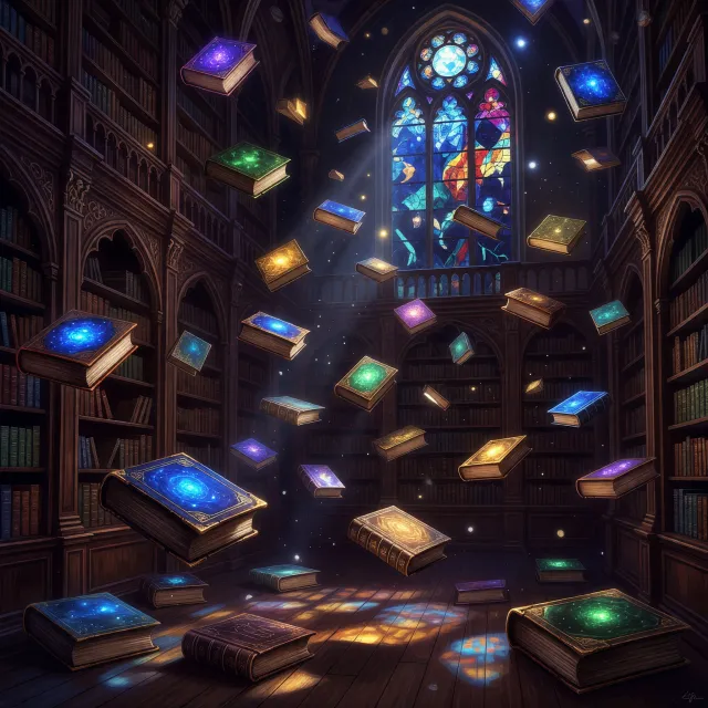 A library where the books are glowing and floating in mid-air, illustrated in a magical realism style with dramatic lighting and rich atmospheric colors. - Grok Imagine