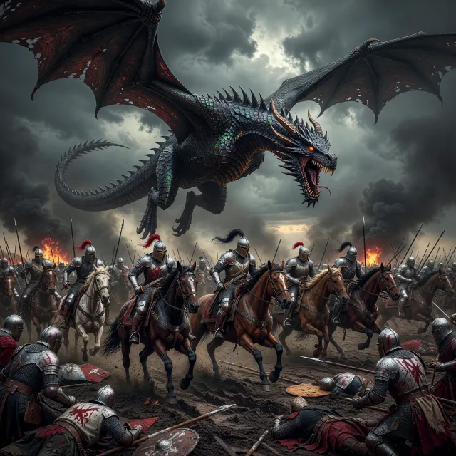 A medieval battlefield with knights on horseback and a dragon flying overhead - XAI Grok Imagine
