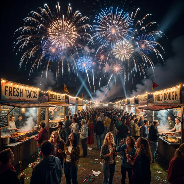 A nighttime festival with fireworks in the sky, food stalls lined up, and crowds mingling - XAI Grok Imagine