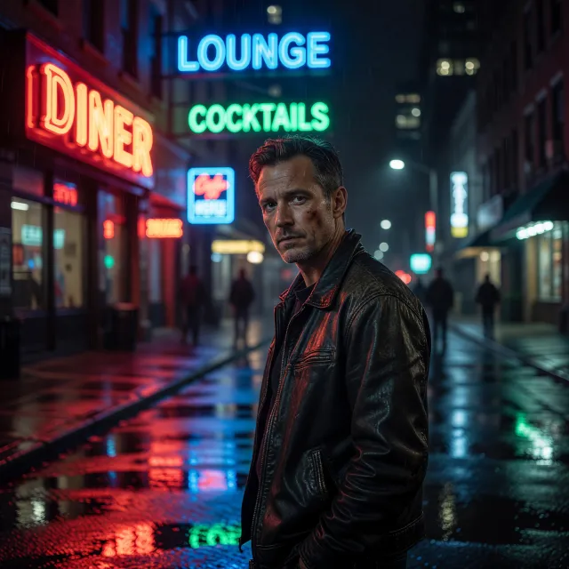 A nighttime portrait of a man lit by neon signs on a city street. - Grok Imagine