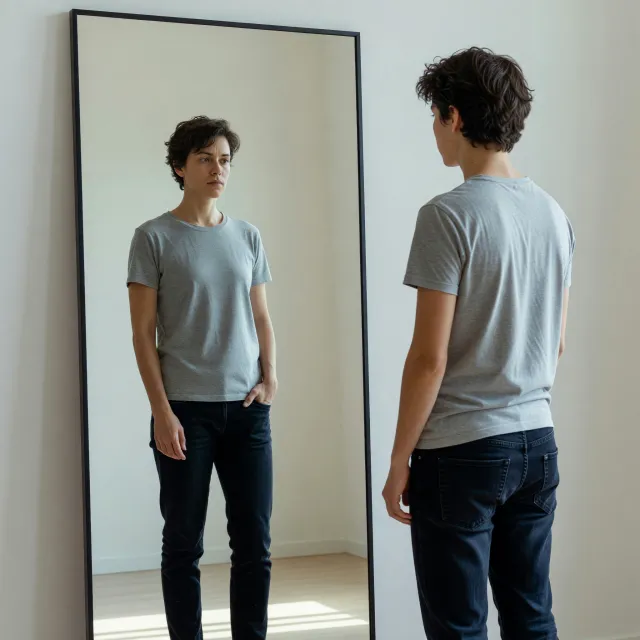 A person standing before a mirror, with their front and reflected back both visible. - Grok Imagine