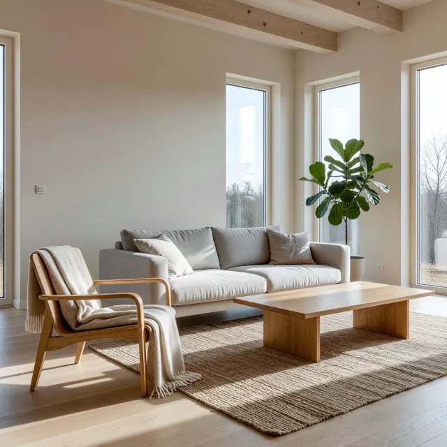 A photorealistic interior of a modern Scandinavian-style living room with natural light streaming through floor-to-ceiling windows. Show detailed wood textures, fabric materials, and proper light reflections. - Grok Imagine