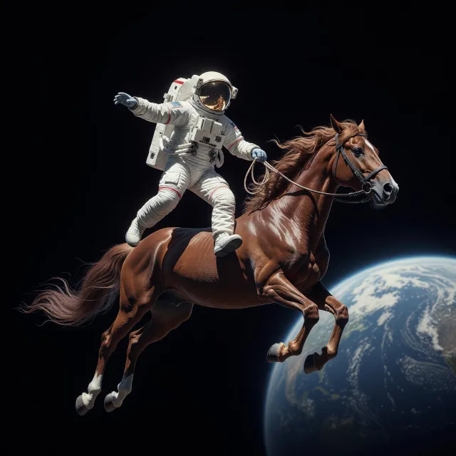 A realistic astronaut being ridden by a horse, photorealistic depiction in outer space with accurate lighting and proportions - Grok Imagine