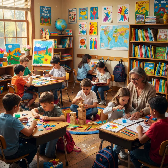 A school classroom of children and a teacher, each student engaged in a different… - XAI Grok Imagine