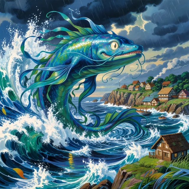 A sea creature rising from a stormy ocean near a village. Replicate the visual style of… - XAI Grok Imagine