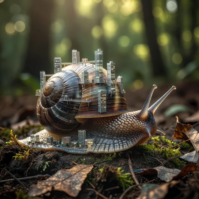A snail whose shell contains a miniature city skyline, depicted in a hyperrealistic macro photography style with intricate architectural details and ambient lighting. - Grok Imagine