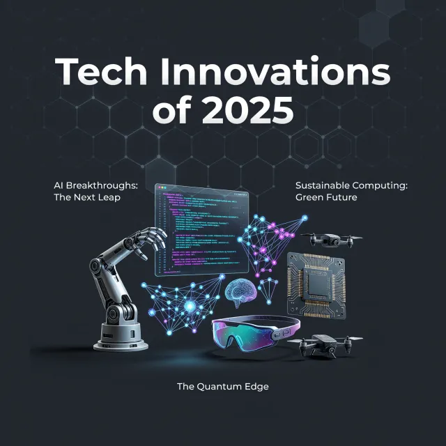 A technology magazine cover featuring the headline "Tech Innovations of 2025," clean modern design style. - Grok Imagine