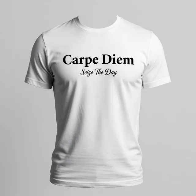 A wrinkled white T-shirt with "Carpe Diem" in bold serif font and "Seize The Day" in smaller script below it, modeled on a mannequin, professional product photography with soft-box lighting. - Grok Imagine