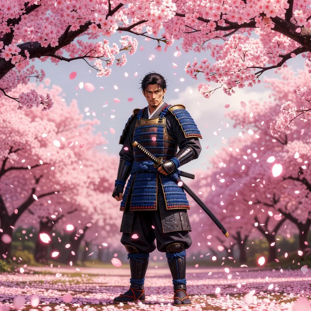 An anime-style portrait of a samurai standing under pink cherry blossoms. - Grok Imagine