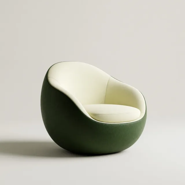 An armchair designed in the shape of an avocado, presented in a contemporary product photography style with professional studio lighting against a minimalist background. - Grok Imagine